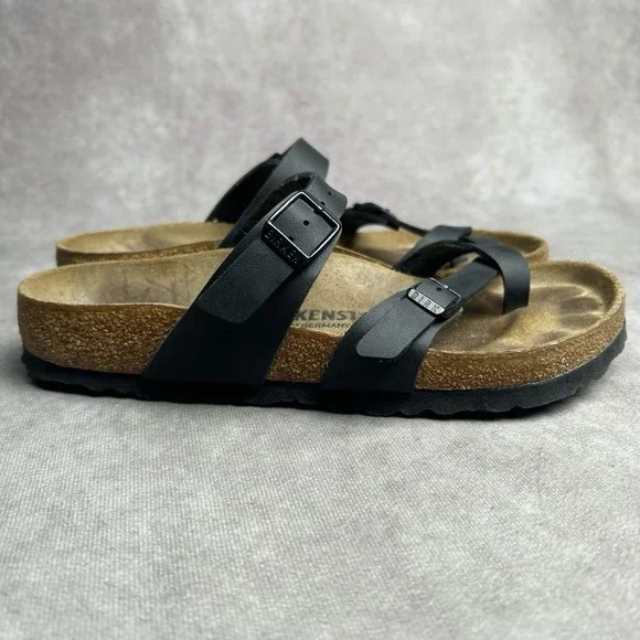 Birkenstock Mayari Womens 7 Sandals Slip On Strappy Black Leather Toe Loop EU 38 - Picture 4 of 9